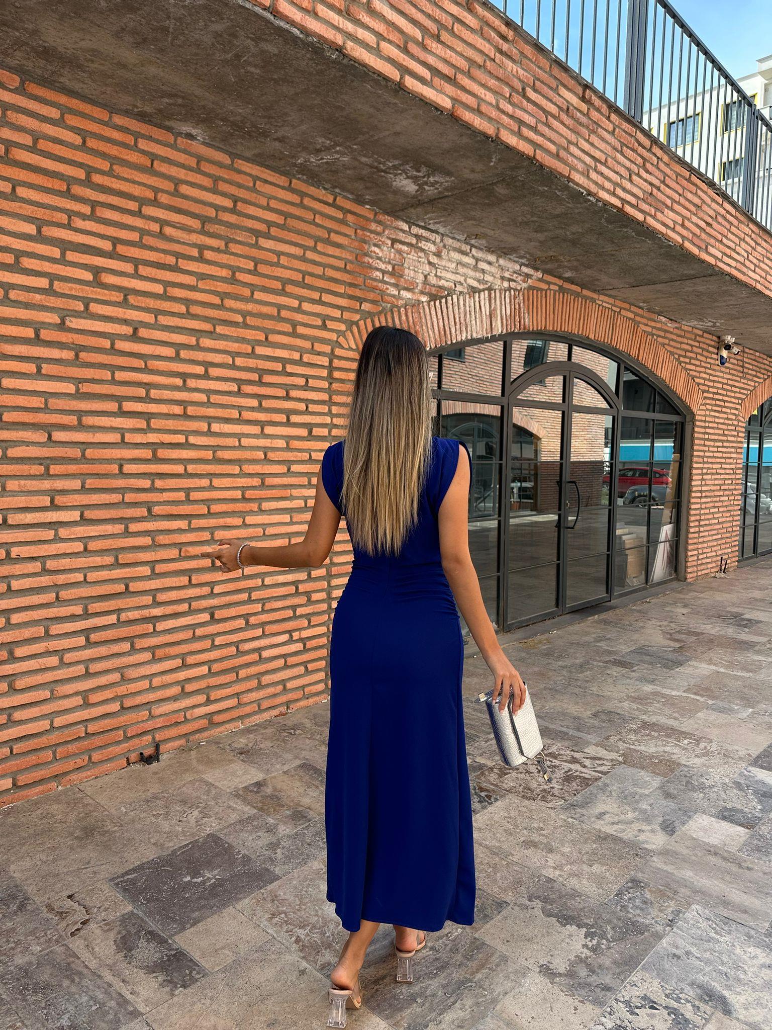 Yakası Sıralı Taşlı Crep Elbise Saks Mavisi 070621225