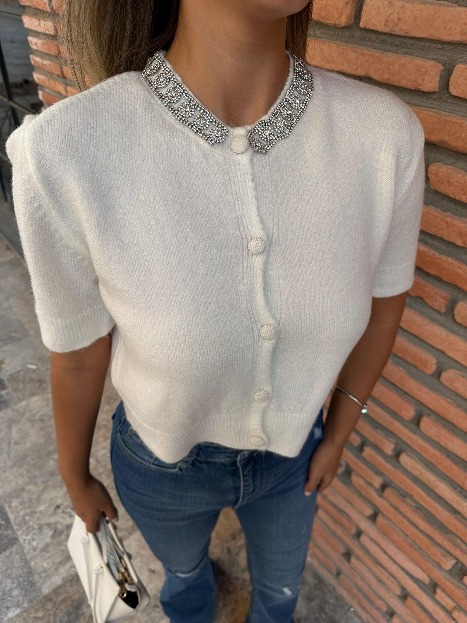 Yakası Taş Detaylı Triko Hırka Ekru 0706211112