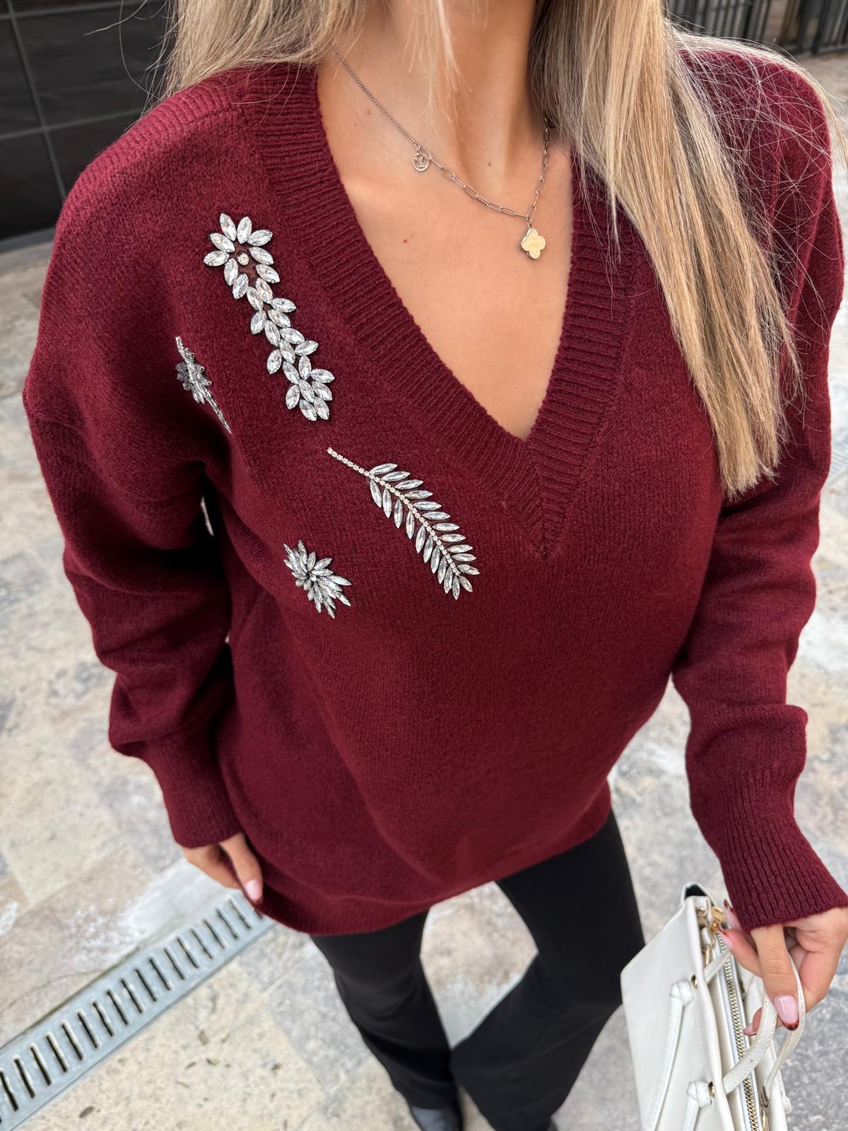 Yakası Taş İşleme V Yaka Bordo Triko kzk2062rvd