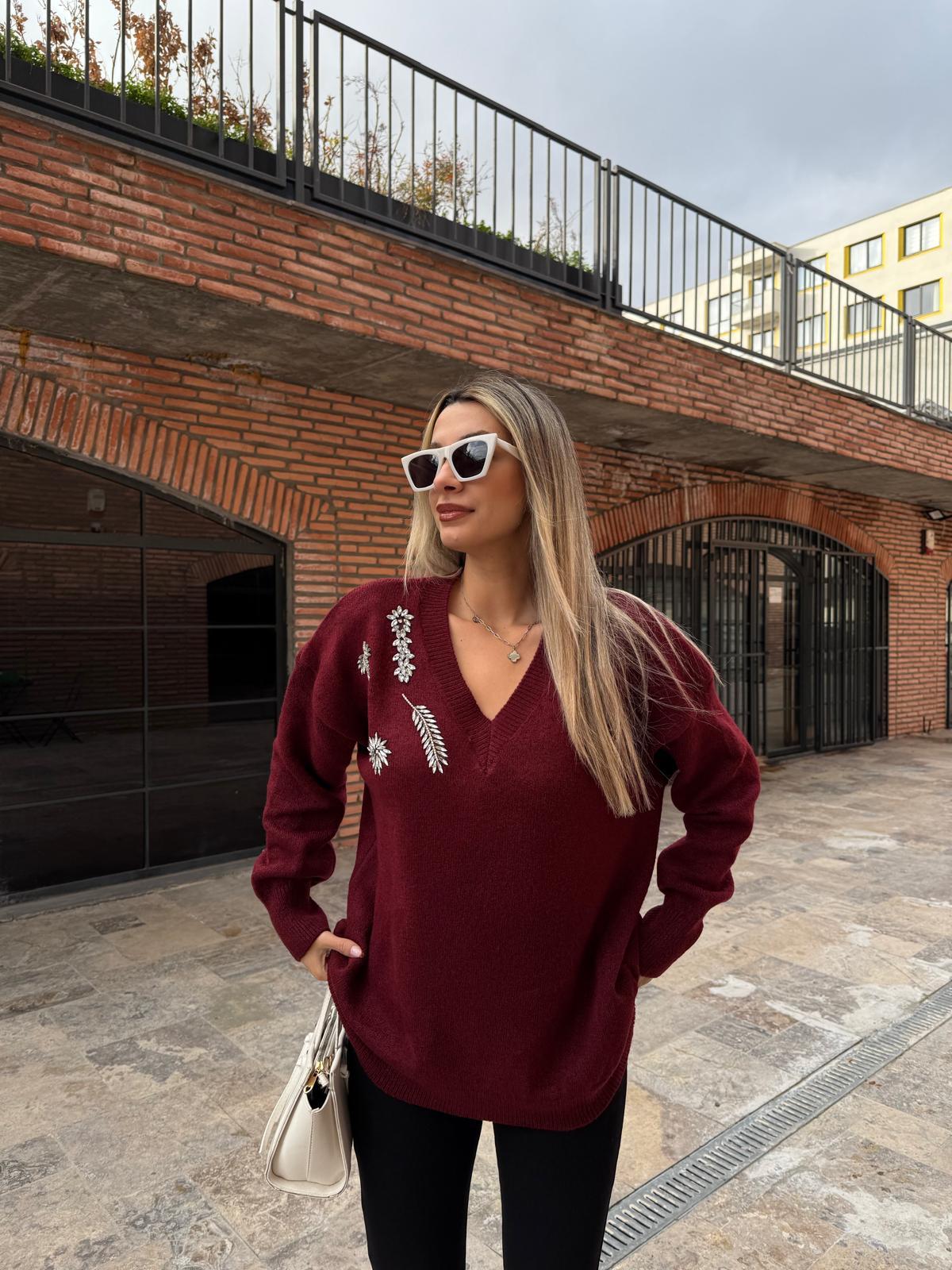 Yakası Taş İşleme V Yaka Bordo Triko kzk2062rvd
