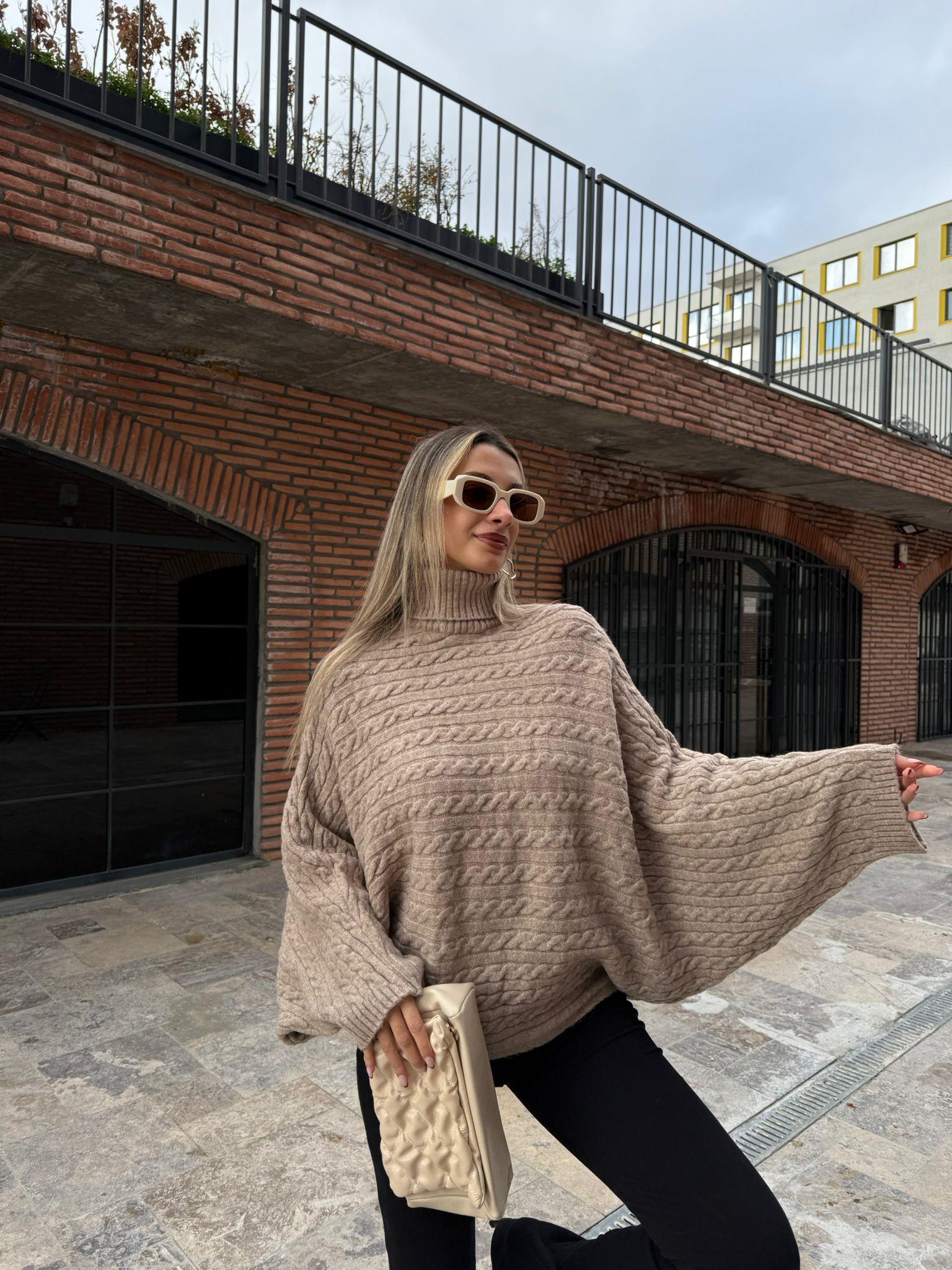 Yarasa Kol Saç örgü Boğazlı Triko Kazak Vizon kzk2071rvd