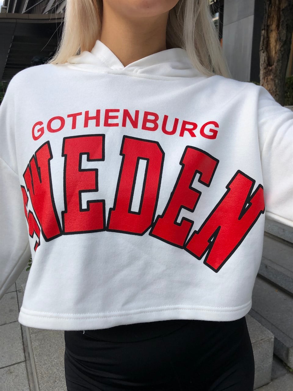 Yazılı Beyaz Kapüşonlu Sweat