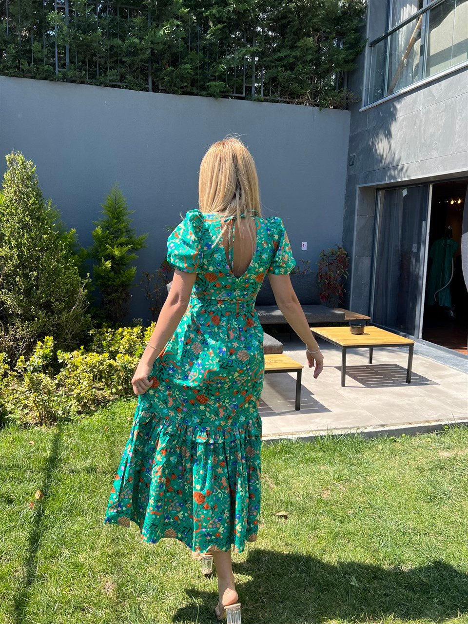 Yeşil Çiçekli Poplin Elbise