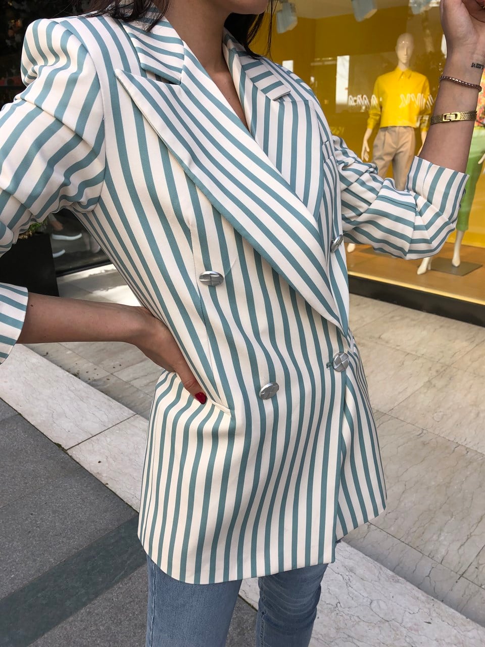 Yeşil Çizgili Blazer Ceket