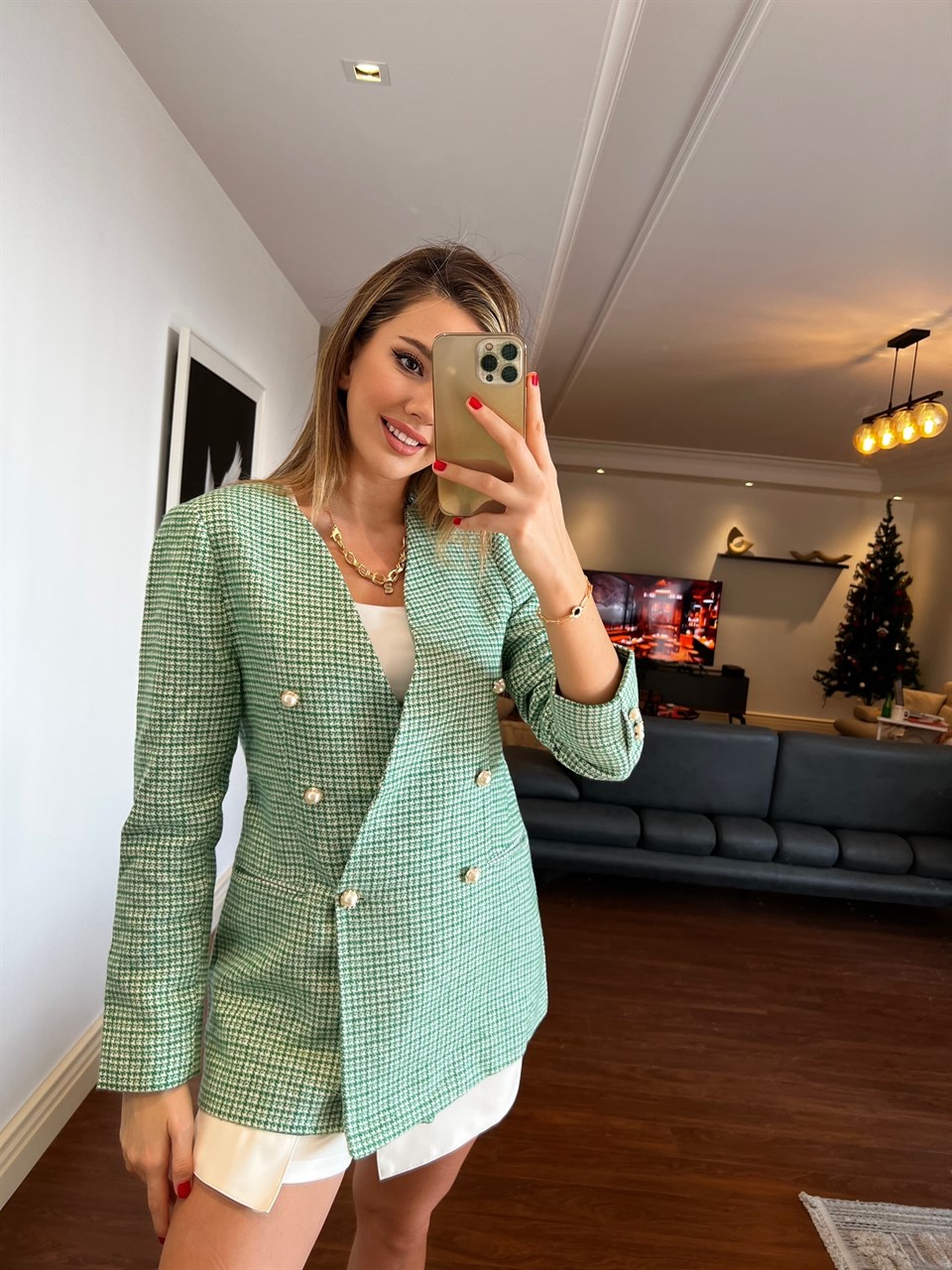 Yeşil Sıfır Yaka İnci Düğmeli Ceket 5968