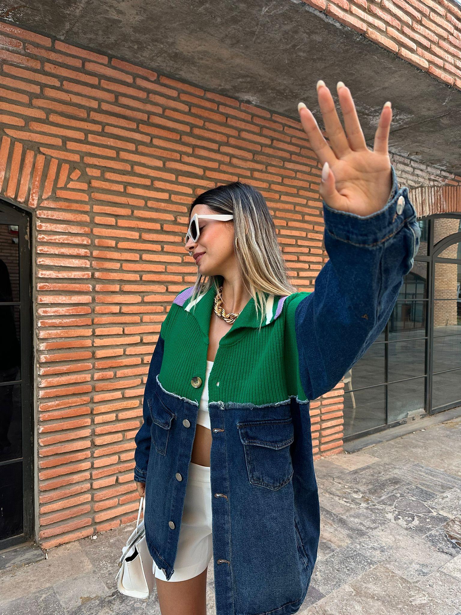Yeşil triko garnili jean hırka 070621219