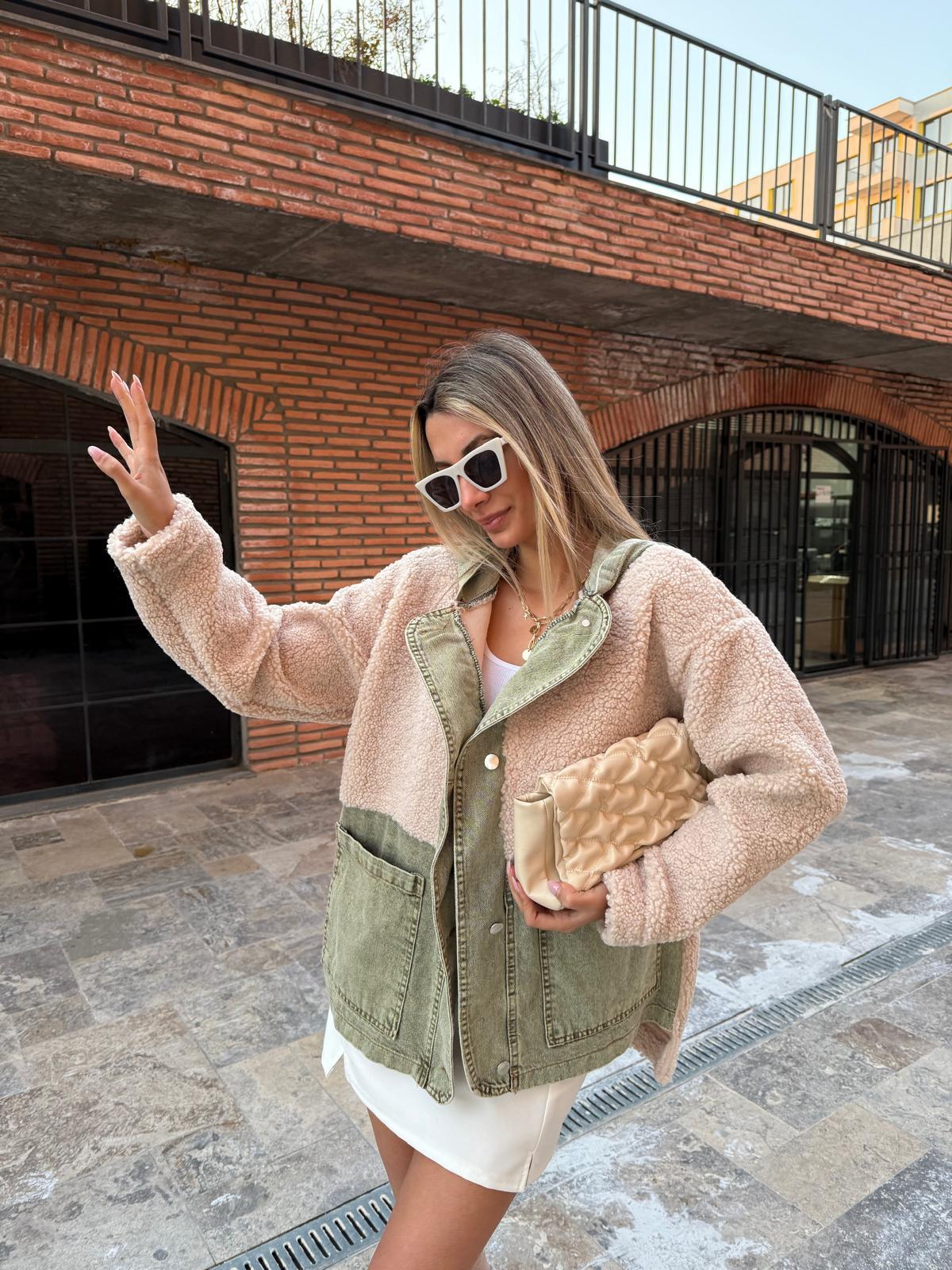 Yeşil Yıkamalı Krem Teddy Kapşonlu Mont mnt2057rvd