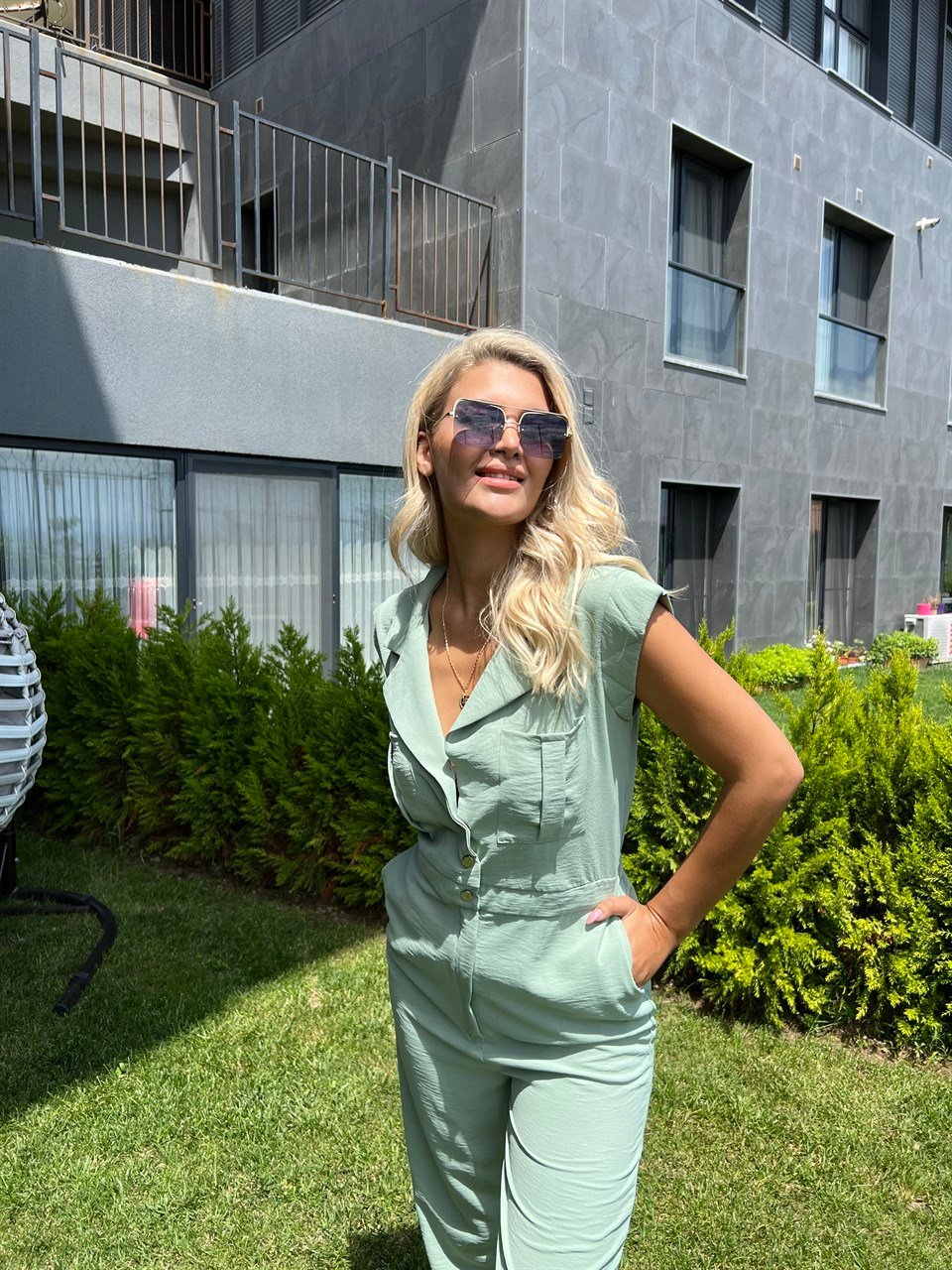 Yezy Su Yeşili Cepli Tulum