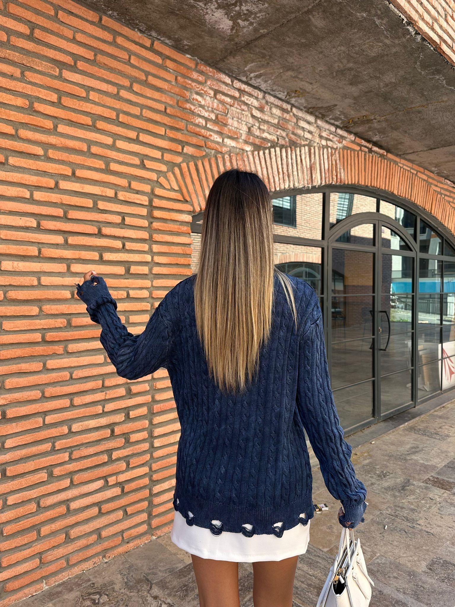 Yıkamalı Efektli Yırtık Detay İndigo Kazak kzk1026rvd