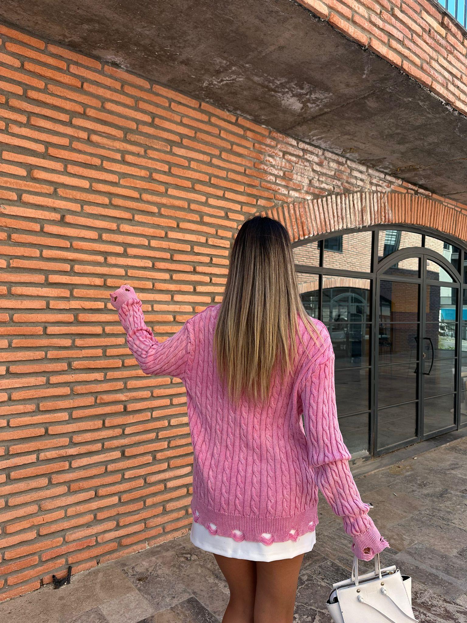 Yıkamalı Efektli Yırtık Detay Pembe Kazak kzk1026rvd