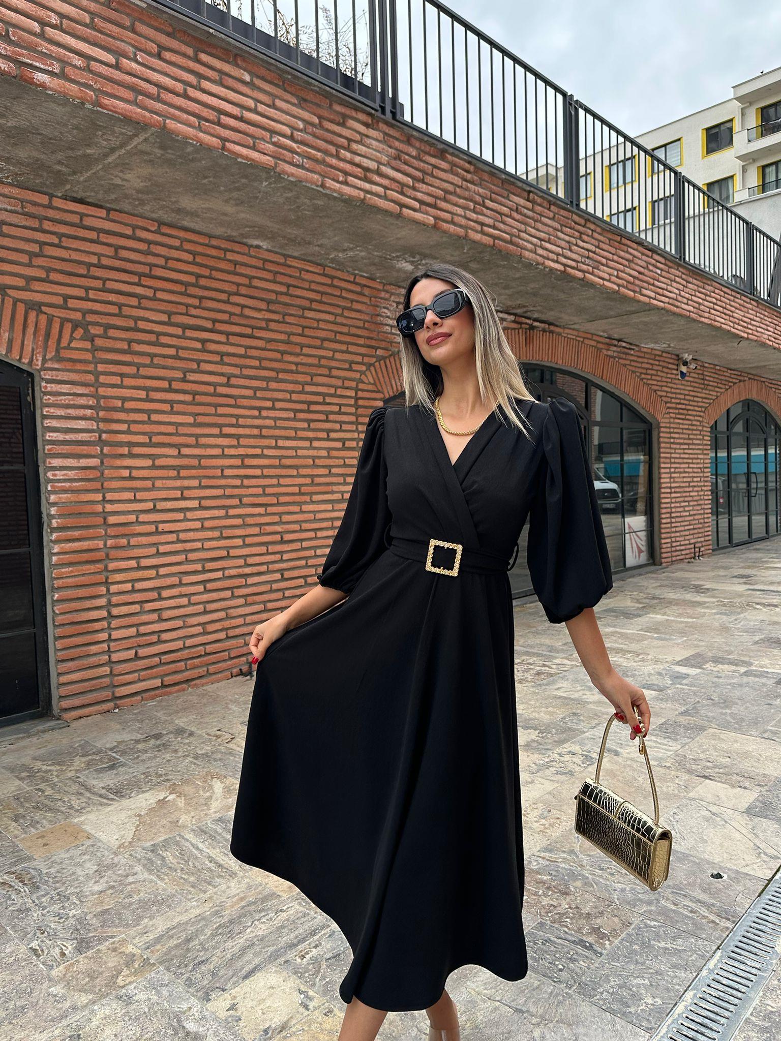 Yolanda Kare Toka Kuşaklı Kruvaze Crep Elbise Siyah kelb1042grs