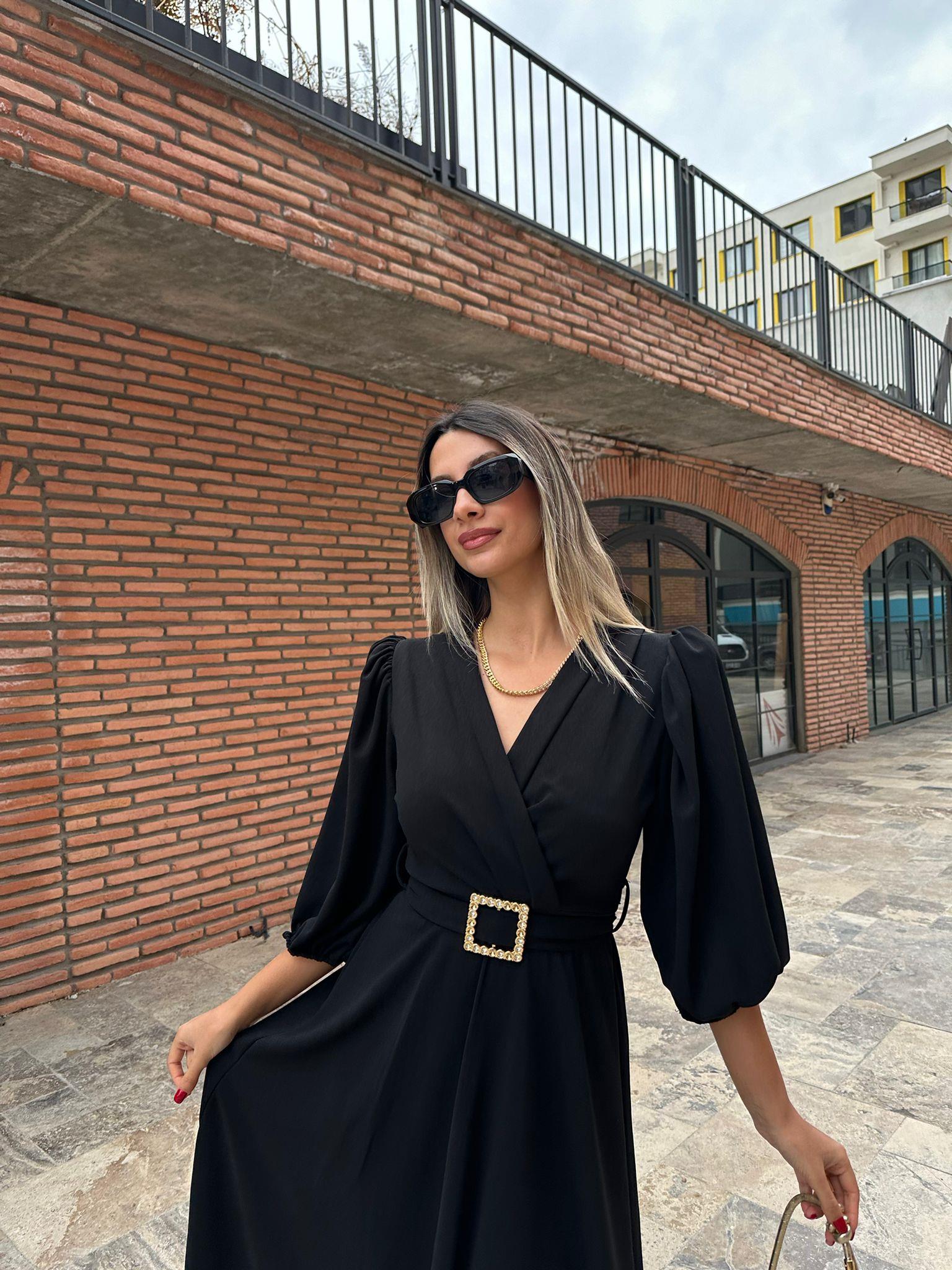 Yolanda Kare Toka Kuşaklı Kruvaze Crep Elbise Siyah kelb1042grs