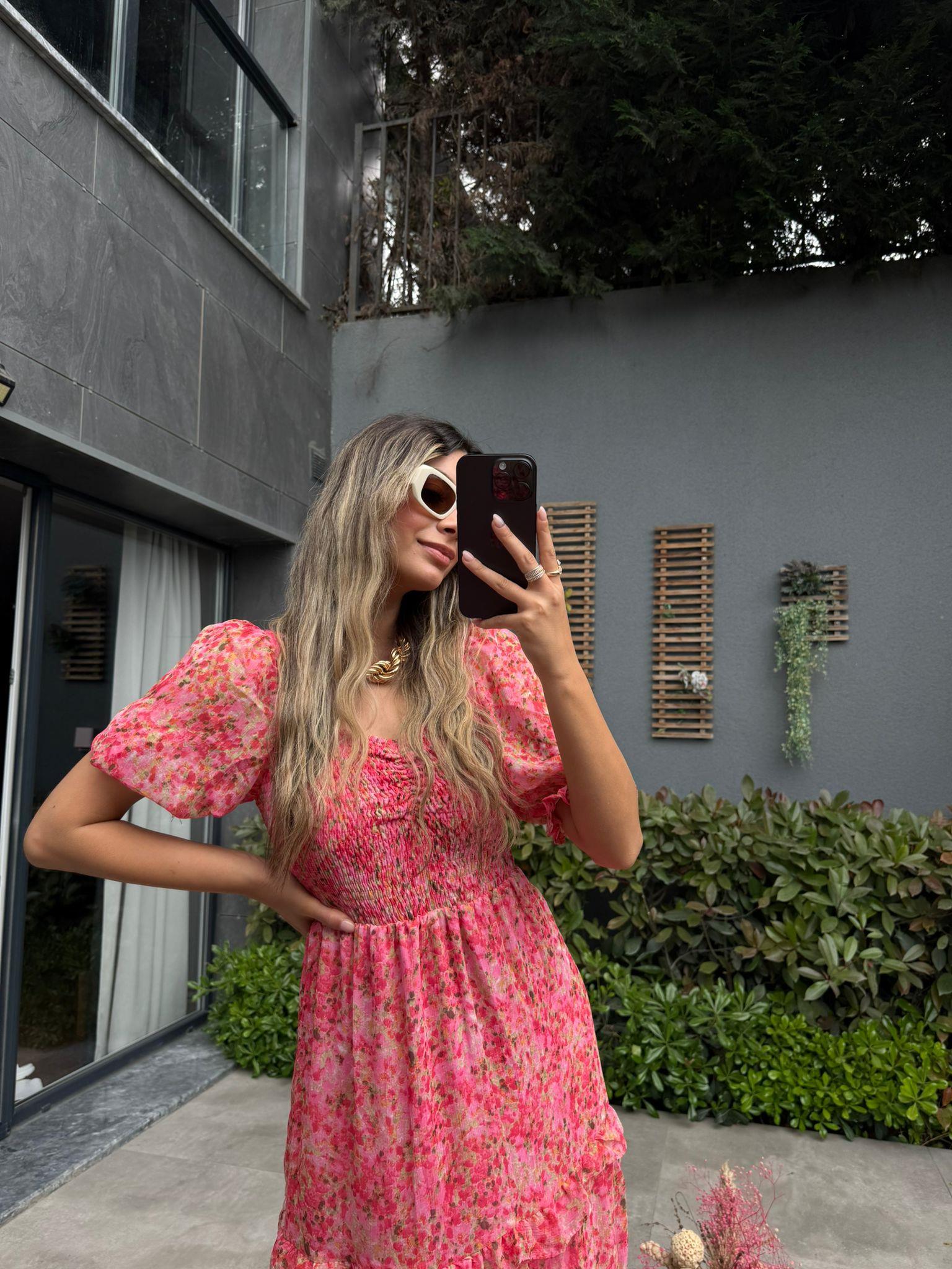 Yoryo Şifon Pembe Çiçekli Elbise 07062116