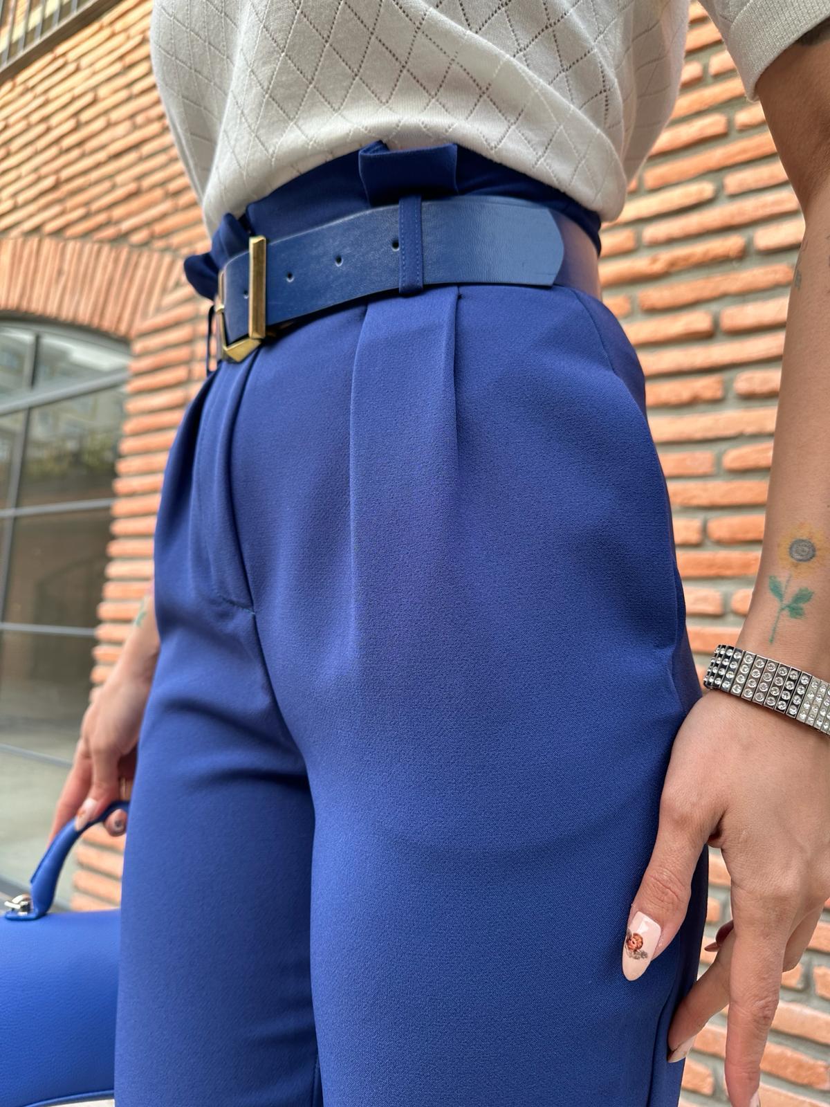 Yüksek Bel Kemerli Havuç Pantolon Saks 7488