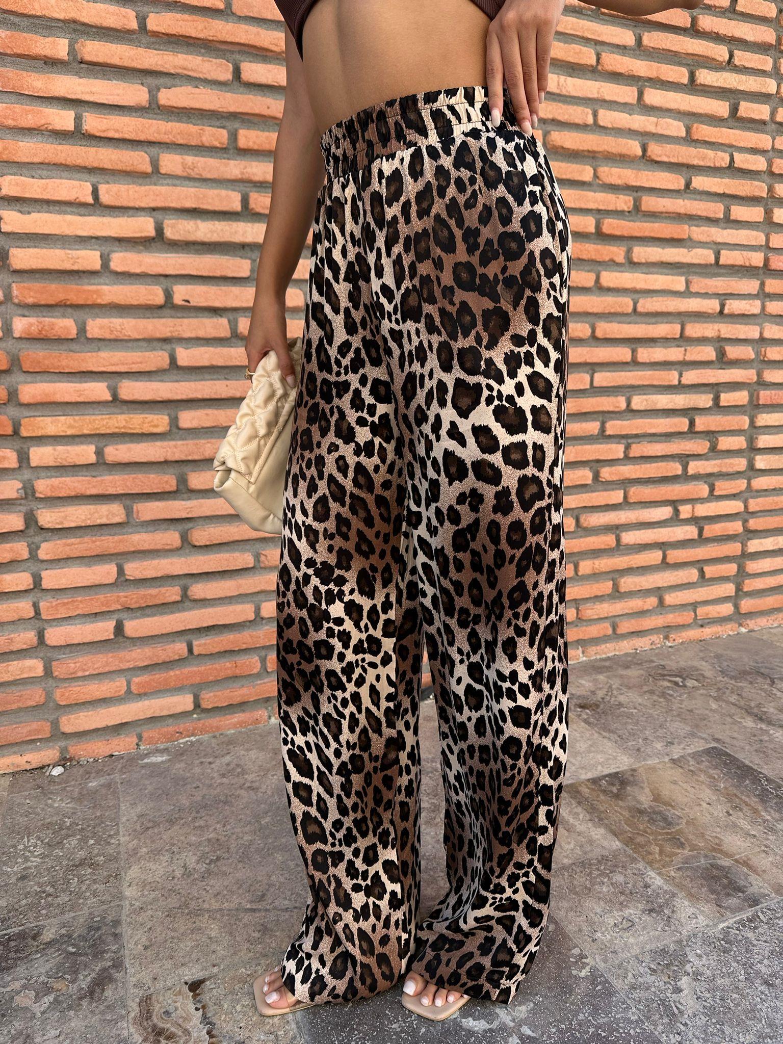Yüksek Bel Krem Leopar Desenli  Pantolon pant1026qstyl