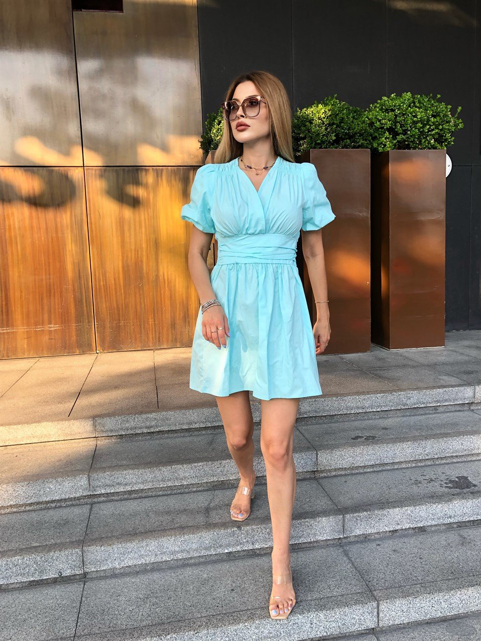 Zara Model Omuz Ve Bel Detaylı Mavi Gömlek Elbise