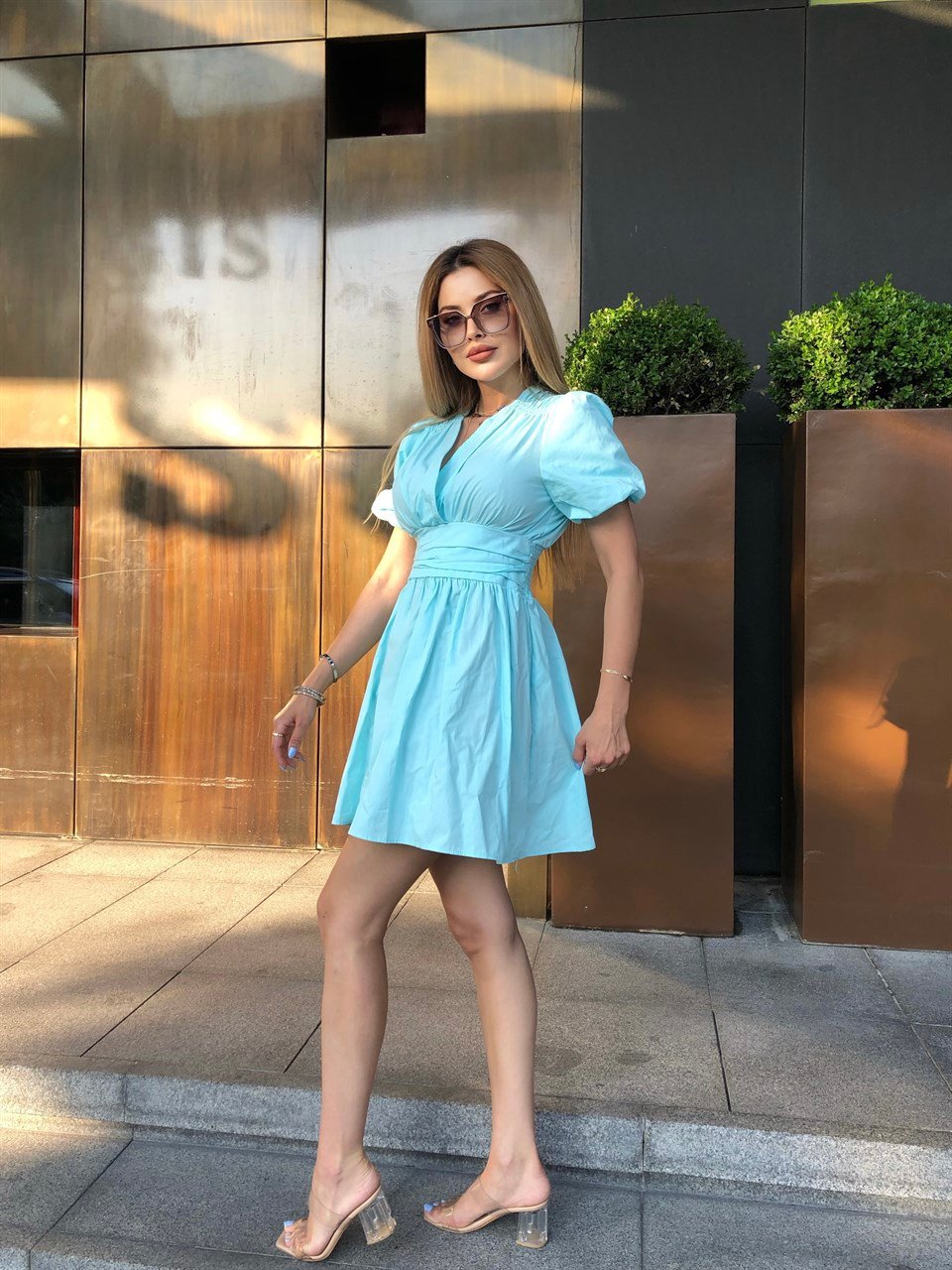 Zara Model Omuz Ve Bel Detaylı Mavi Gömlek Elbise