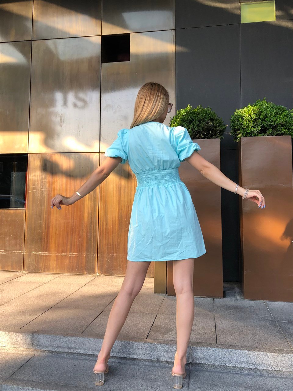Zara Model Omuz Ve Bel Detaylı Mavi Gömlek Elbise