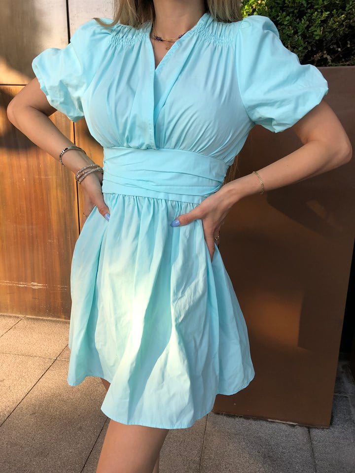 Zara Model Omuz Ve Bel Detaylı Mavi Gömlek Elbise