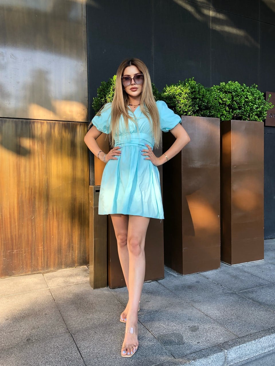 Zara Model Omuz Ve Bel Detaylı Mavi Gömlek Elbise