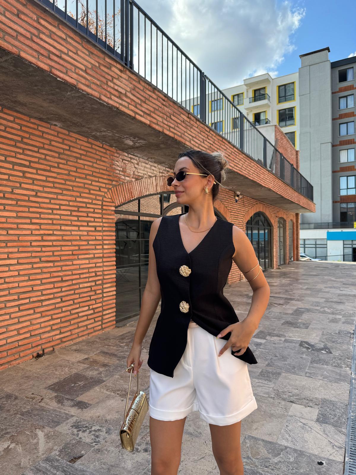 Zarina Gold Aksesuar Düğmeli Keten Siyah Yelek 070621163
