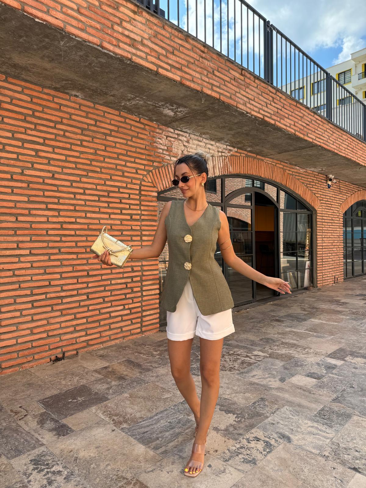 Zarina Gold Aksesuar Düğmeli Keten Yeşil Yelek 070621163