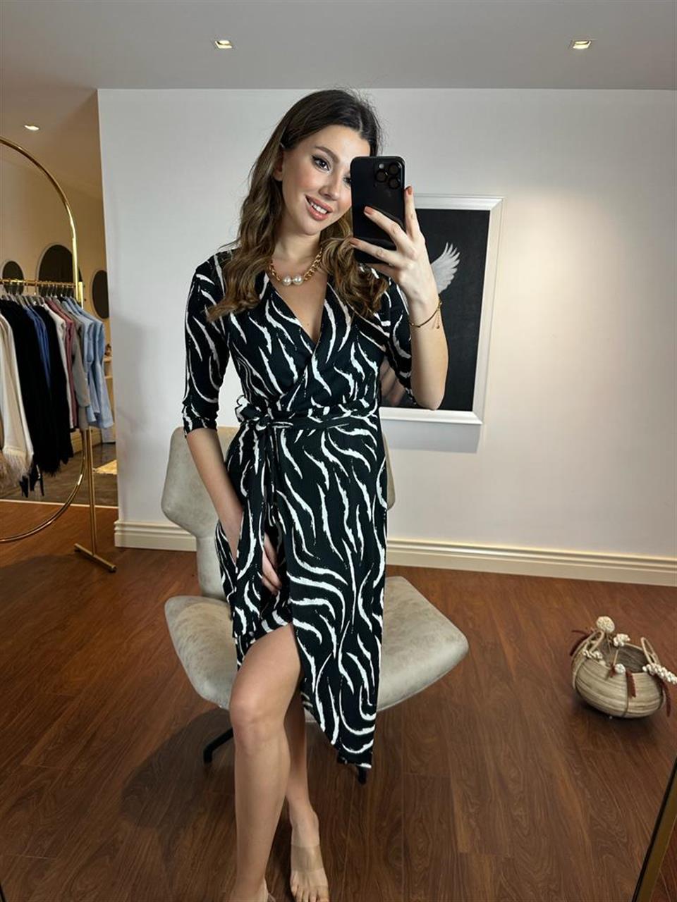 Zebra Desen Kruvaze Krep Elbise 230397