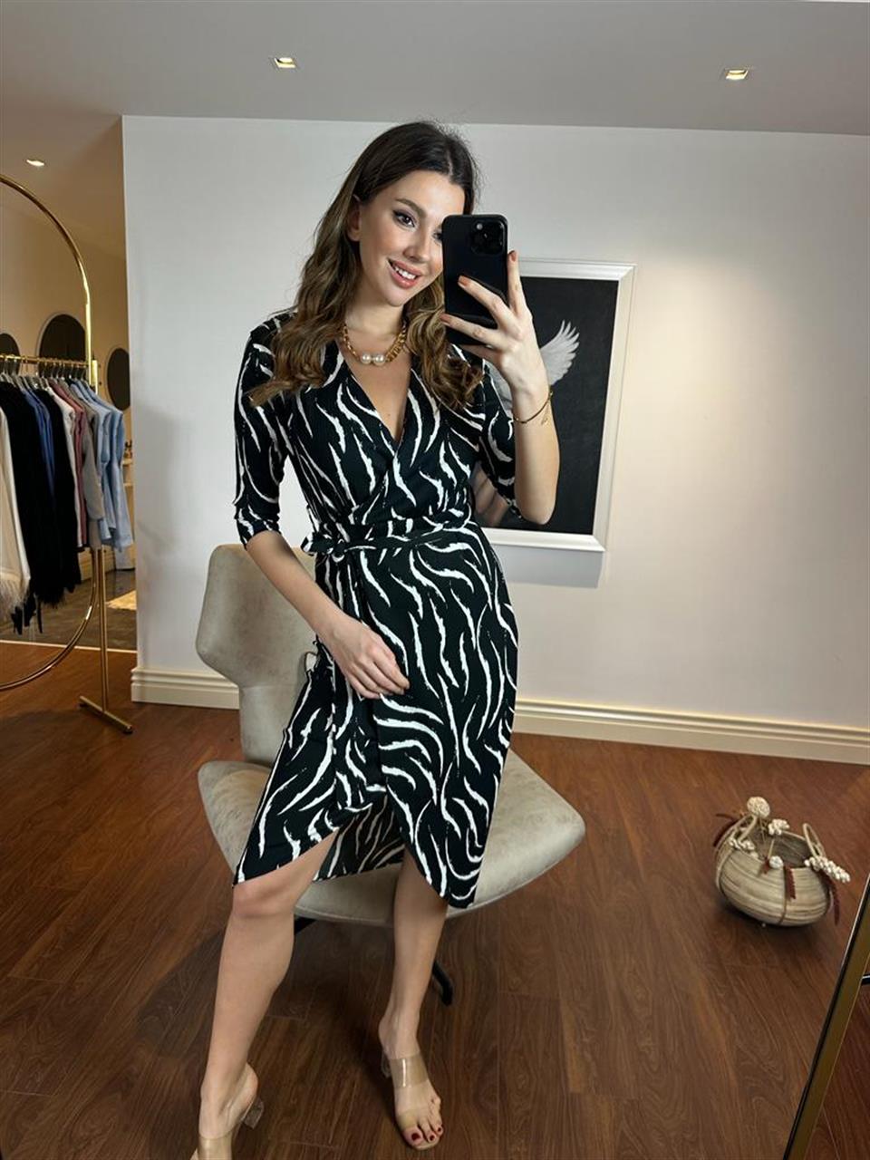 Zebra Desen Kruvaze Krep Elbise 230397