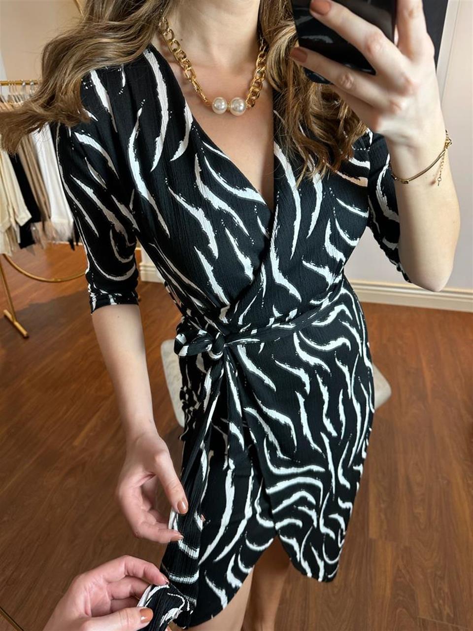 Zebra Desen Kruvaze Krep Elbise 230397
