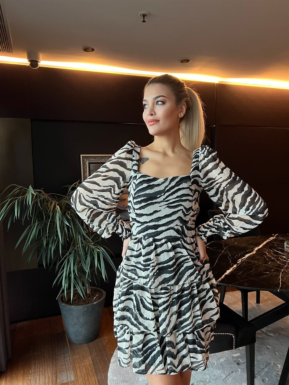 Zebra Sırt Dekolteli Elbise
