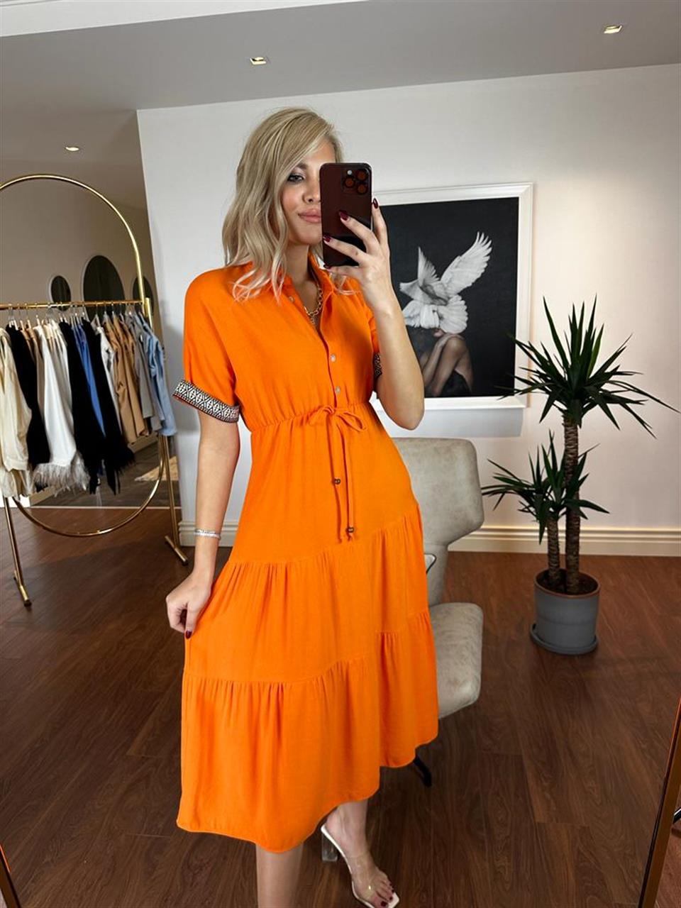 Zenia Keten Gömlek Elbise Turuncu 0804118