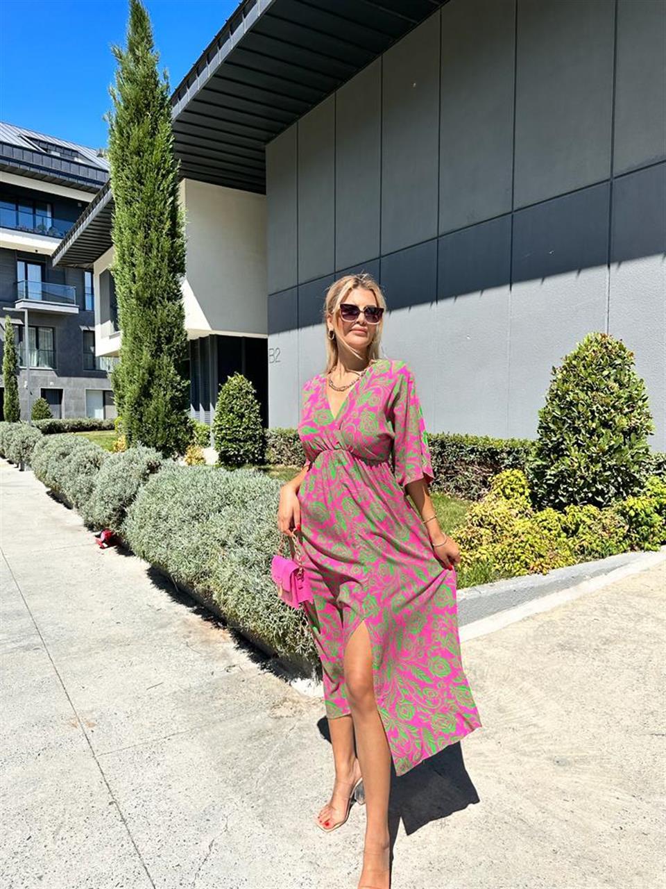 Zenya Desenli Kruvaze Elbise Pembe Üzeri Yeşil 1707308