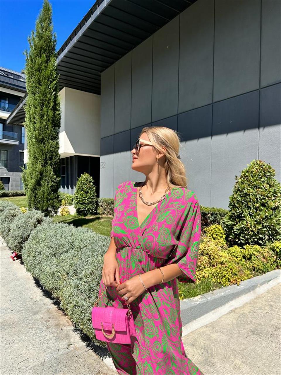 Zenya Desenli Kruvaze Elbise Pembe Üzeri Yeşil 1707308