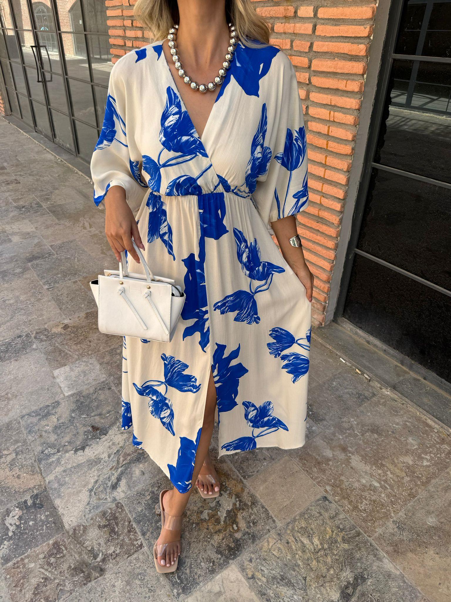 Zenya Lilyum Desen Mavi Viskon Elbise  1707308