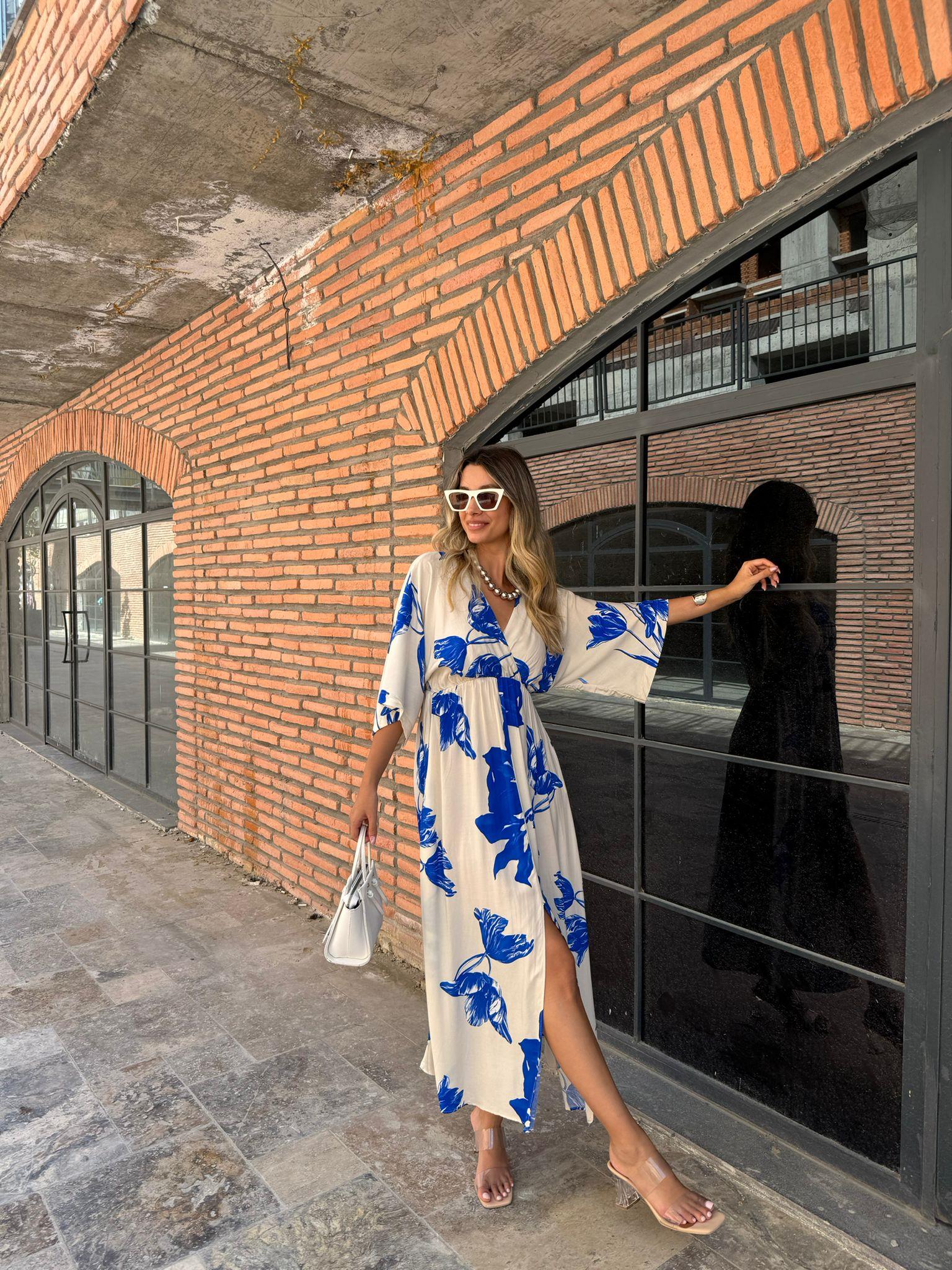 Zenya Lilyum Desen Mavi Viskon Elbise  1707308