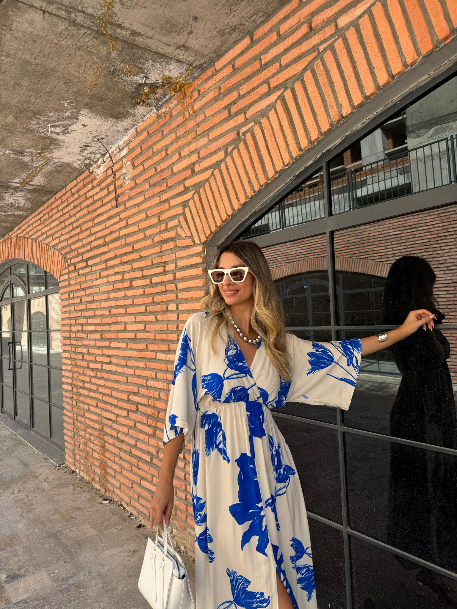 Zenya Lilyum Desen Mavi Viskon Elbise  1707308