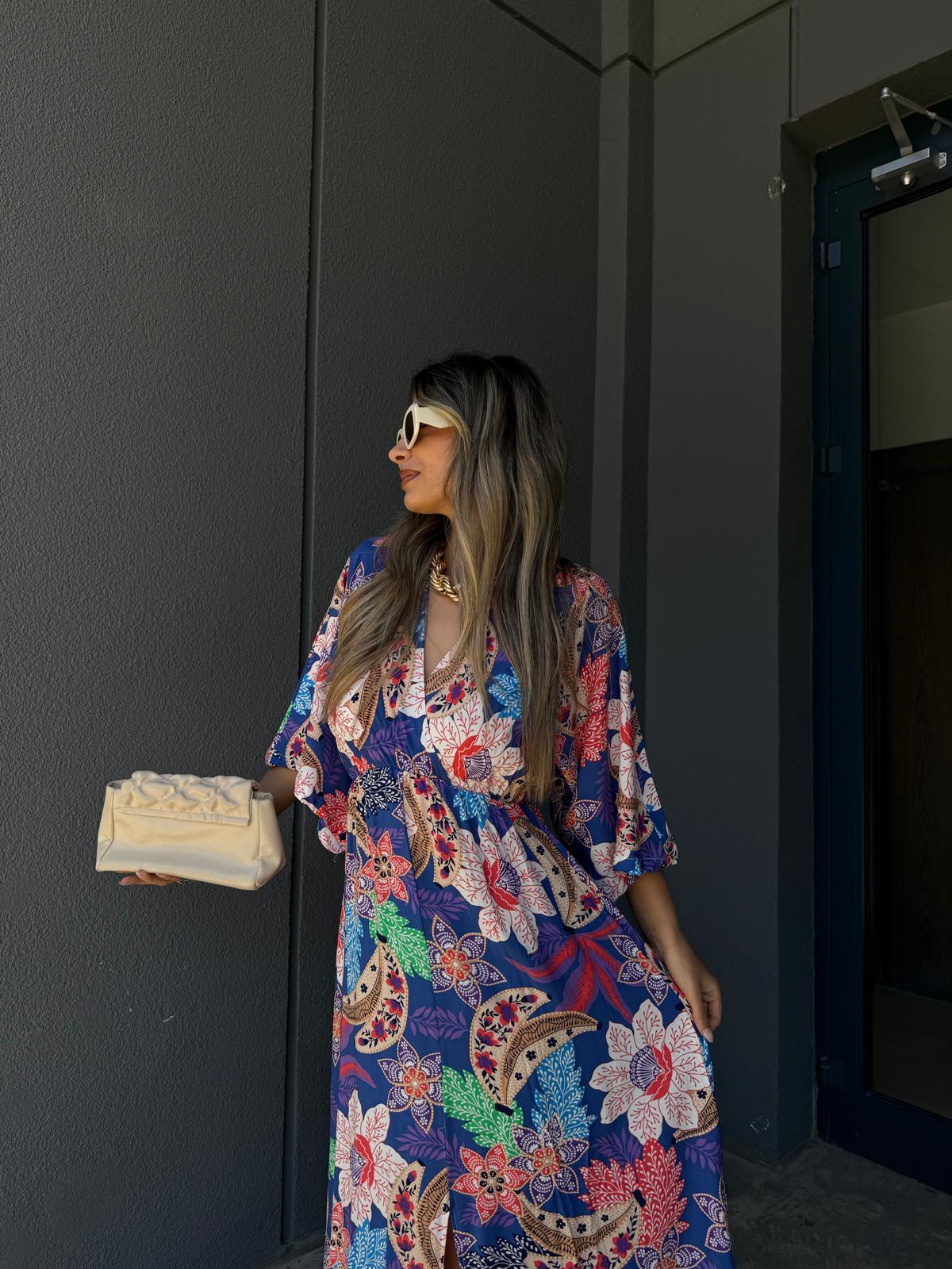 Zenya Pastel Begonya Desen Viskon Elbise Civit Mavisi1707308