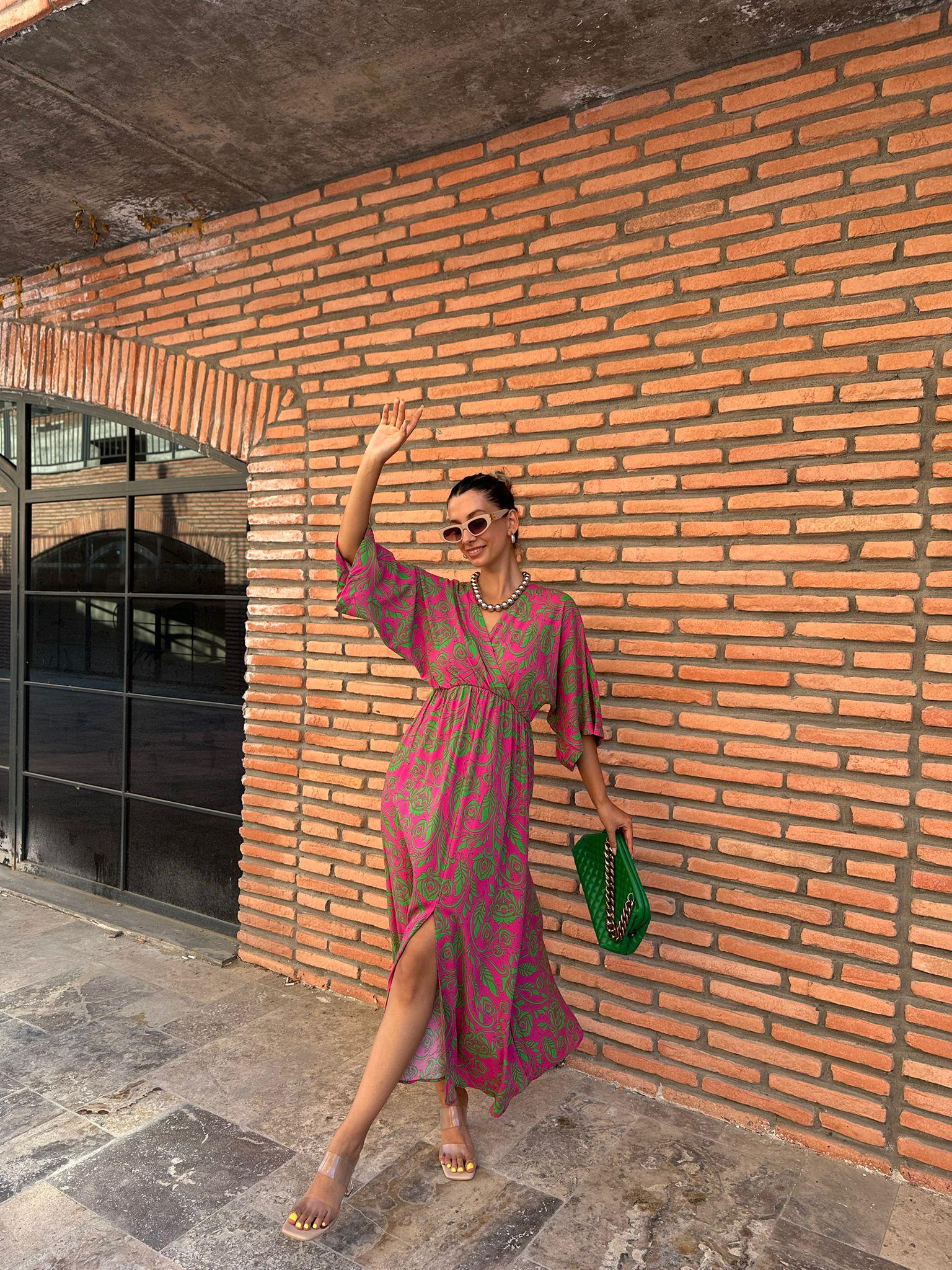 Zenya Pembe Üzeri Yeşil Desenli Viskon Elbise 1707308
