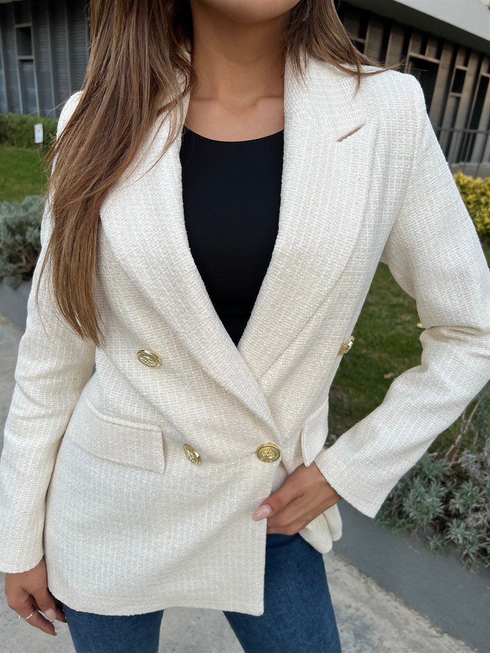 Zincir Dokuma Gold Düğmeli Blazer Ceket Beyaz 