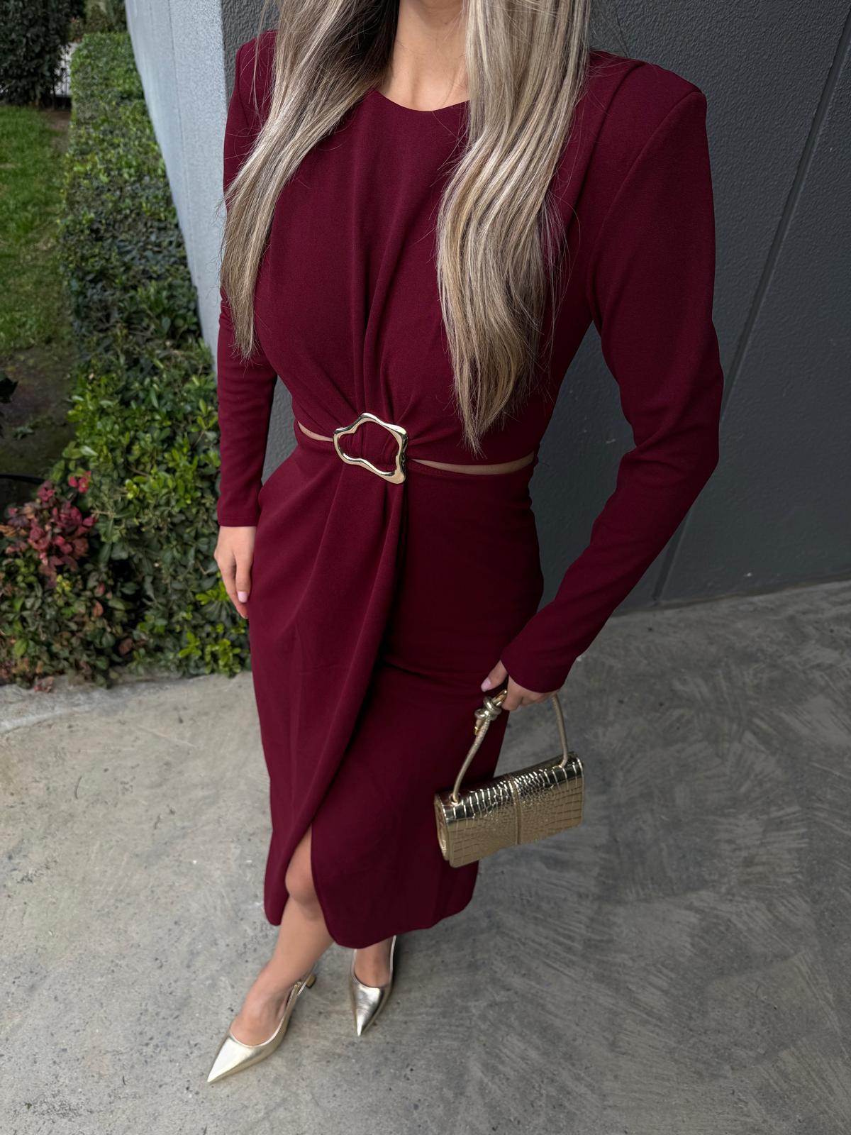 Zr Bel Dekolteli Gold Toka Elbise Bordo kelb2176grs