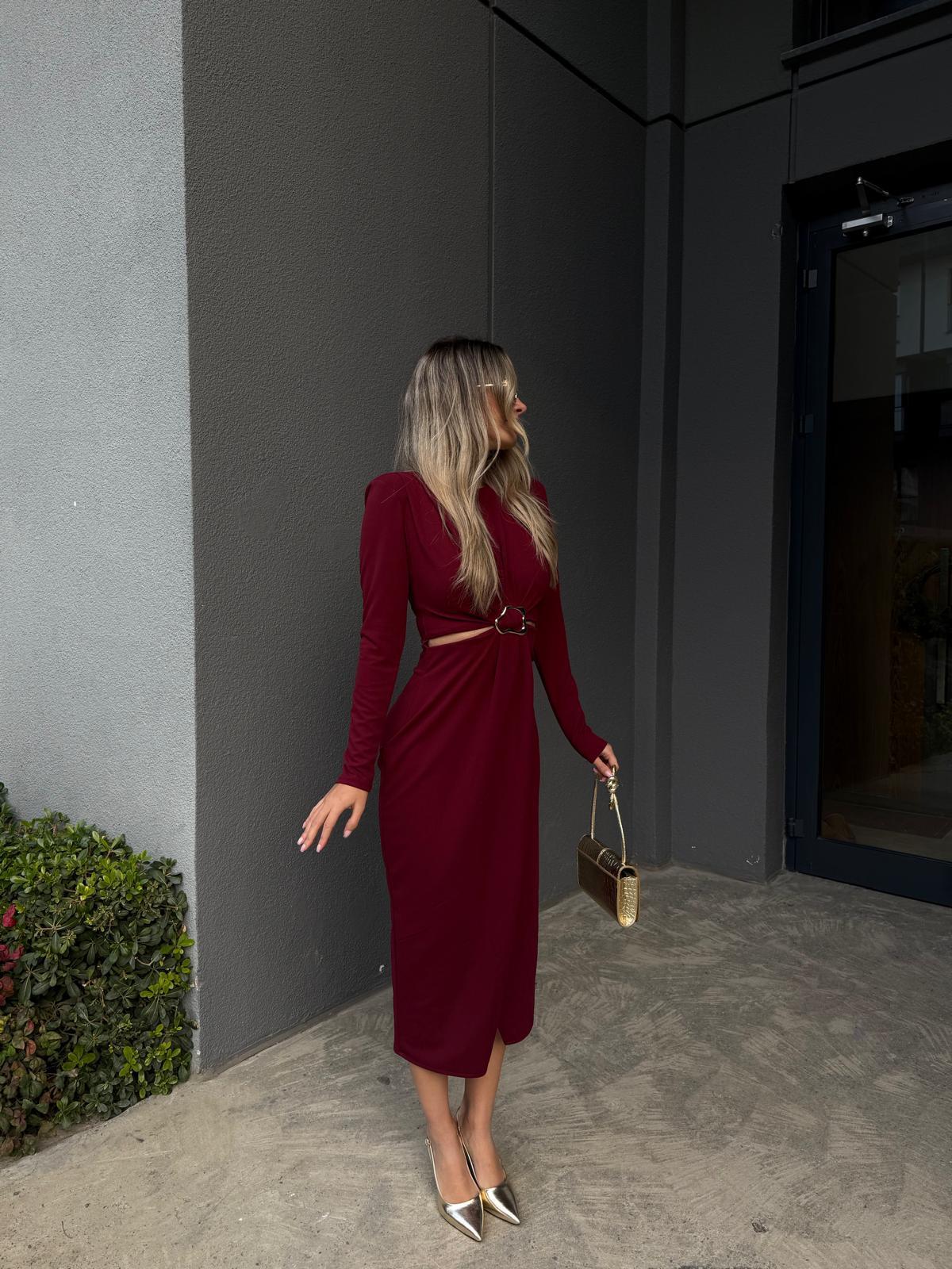 Zr Bel Dekolteli Gold Toka Elbise Bordo kelb2176grs