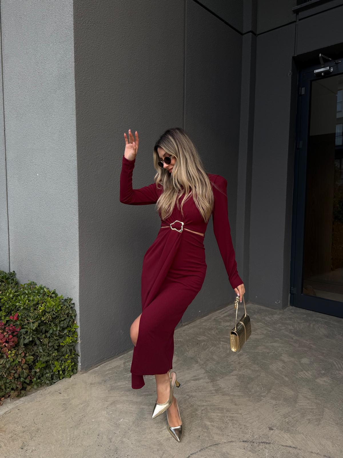 Zr Bel Dekolteli Gold Toka Elbise Bordo kelb2176grs