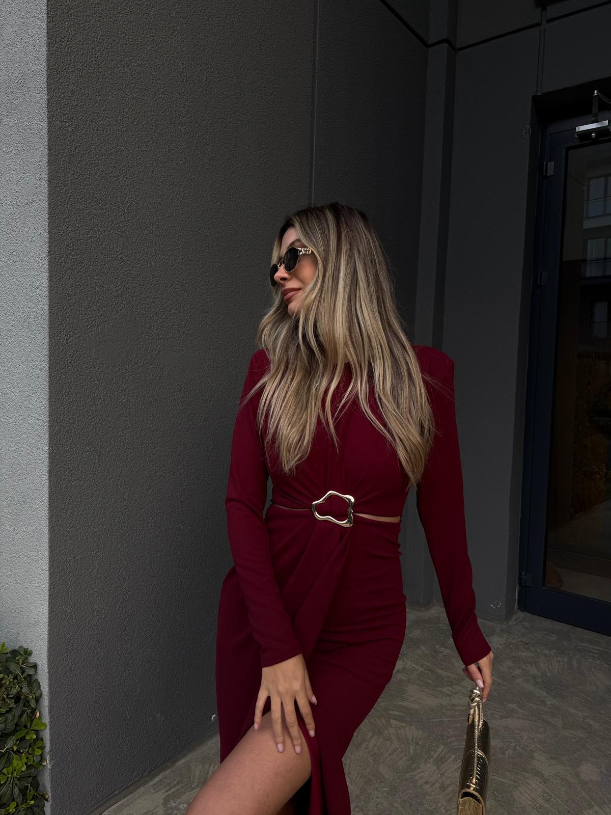 Zr Bel Dekolteli Gold Toka Elbise Bordo kelb2176grs