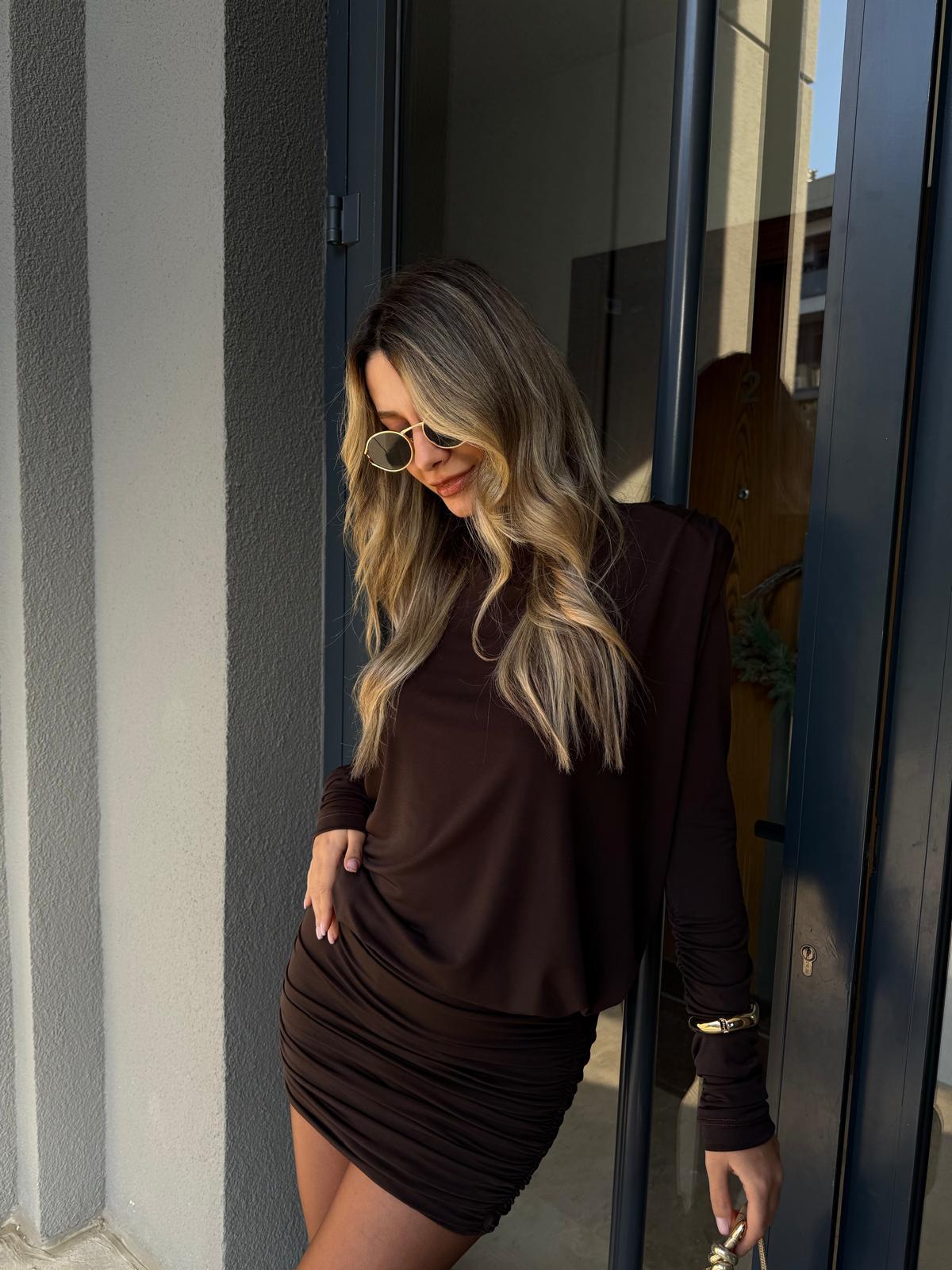 Zr Bluz Etek Görünümlü Eteği Drapeli Elbise Kahverengi kelb2173swmn