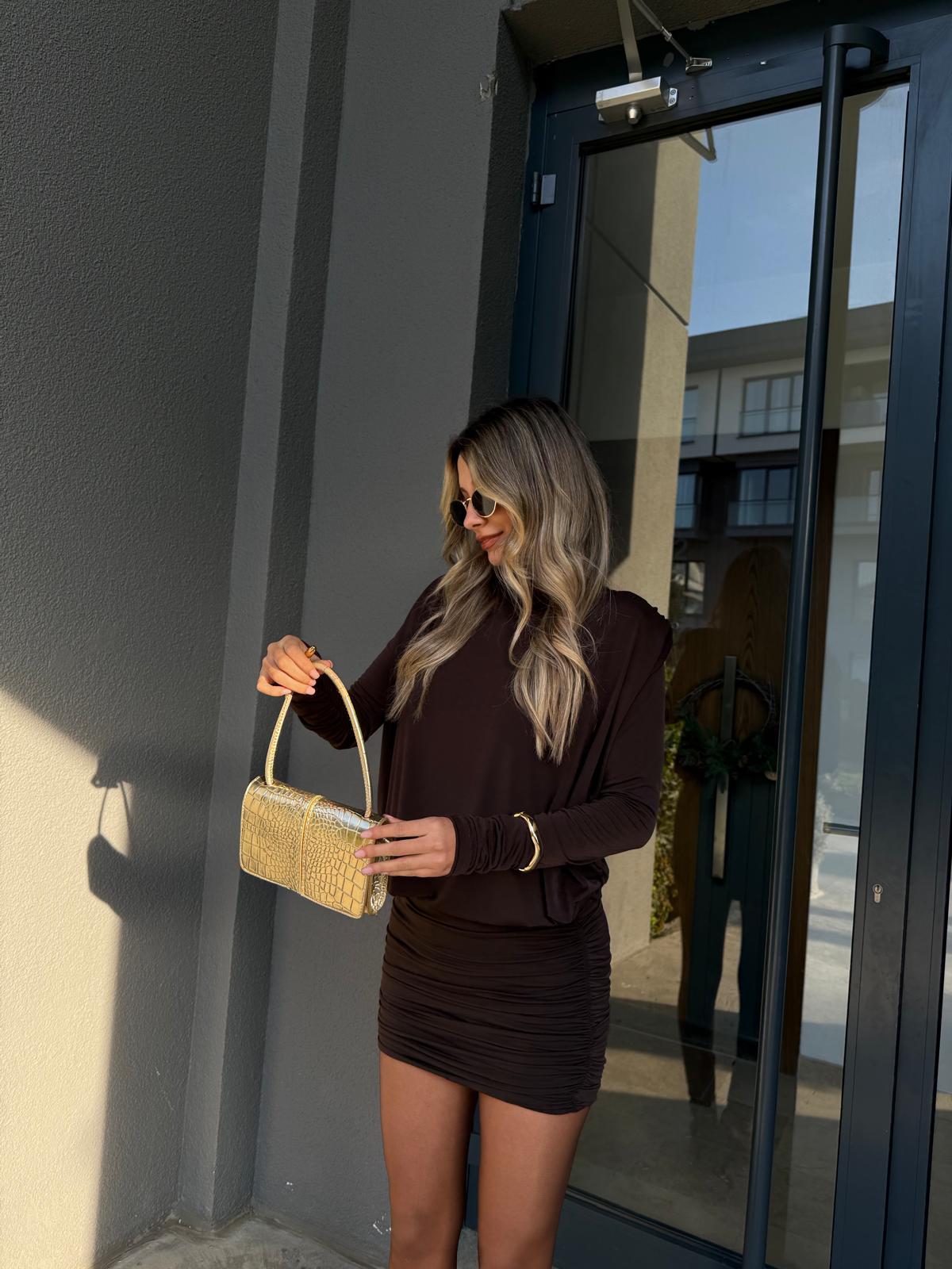 Zr Bluz Etek Görünümlü Eteği Drapeli Elbise Kahverengi kelb2173swmn