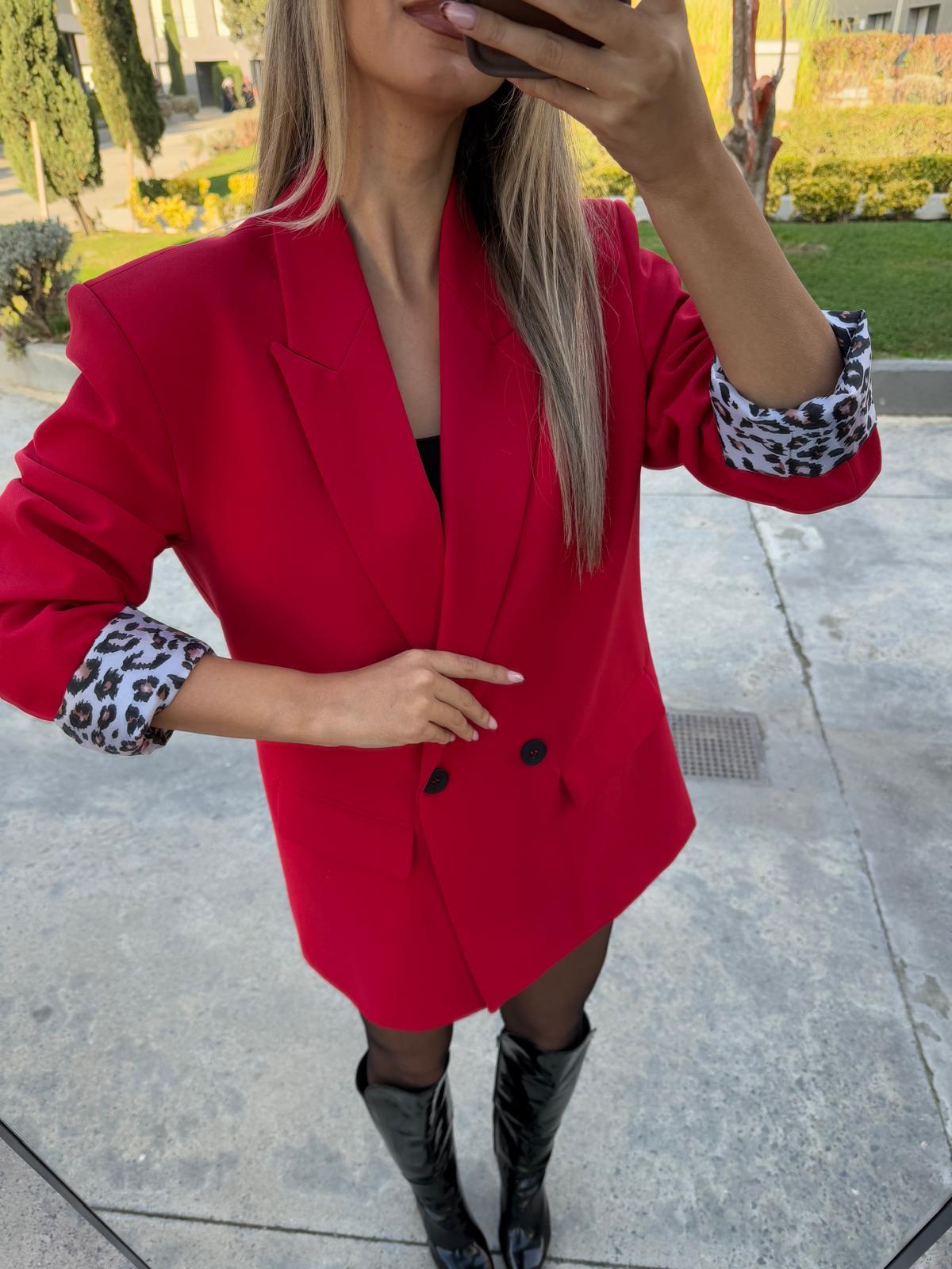 Zr Leopar Astarlı Blazer Ceket Kırmızı bckt2074rvd