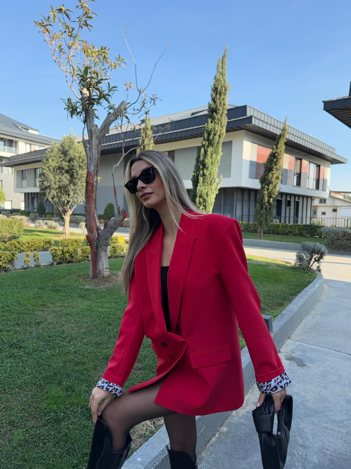 Zr Leopar Astarlı Blazer Ceket Kırmızı bckt2074rvd