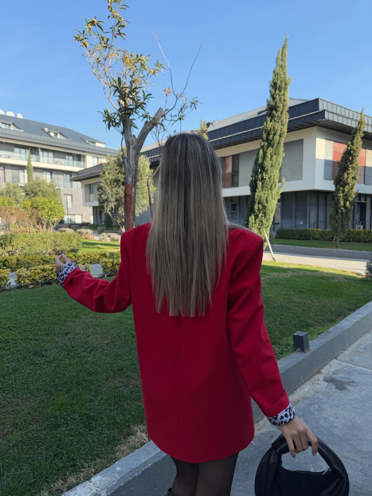 Zr Leopar Astarlı Blazer Ceket Kırmızı bckt2074rvd