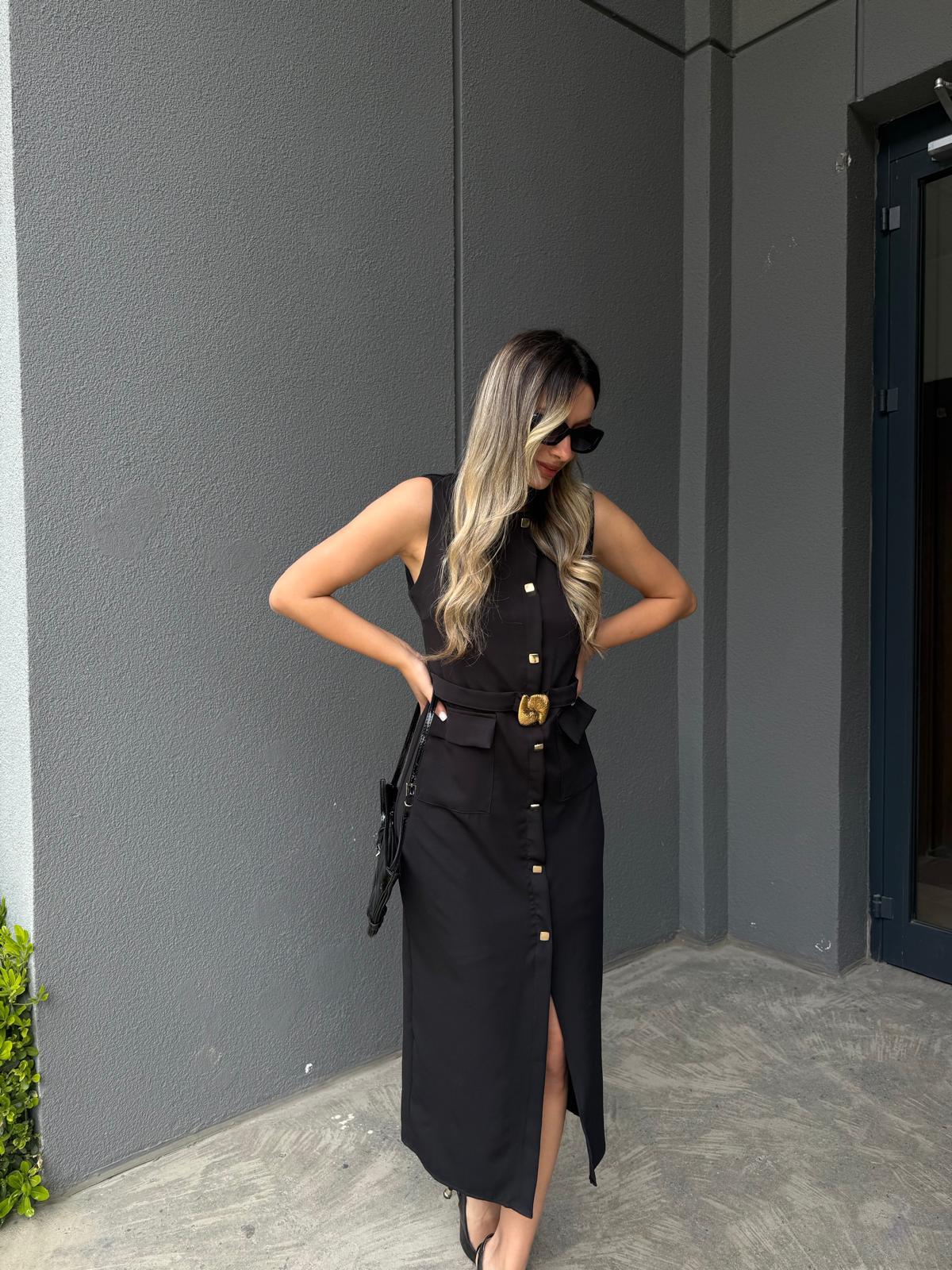 Zr Model Kare Gold Düğmeli Elbise Siyahyelb2229grs