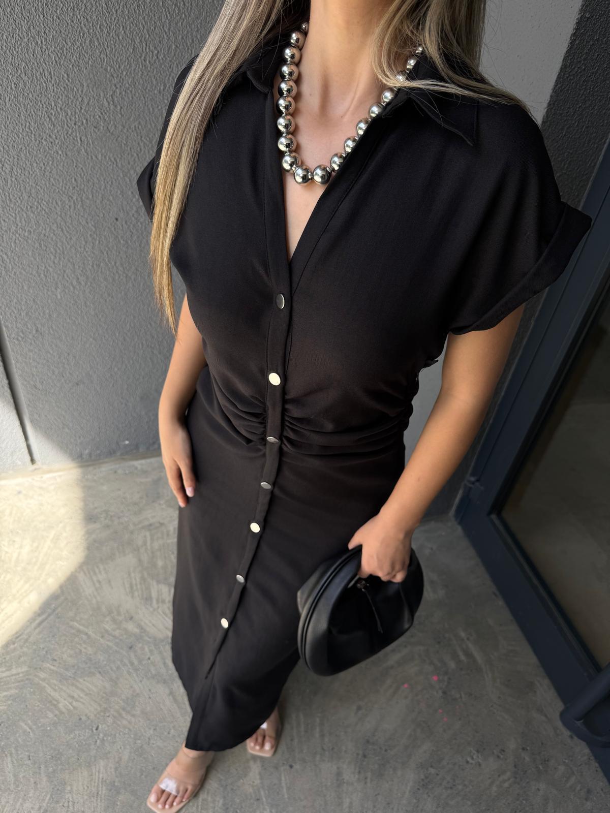 Zra Model Likralı Drapeli Midi Boy Gold Düğme Elbise Siyahyelb2040kd